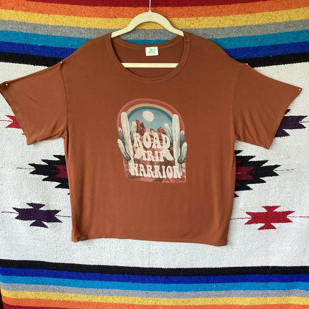 Blue buttercup Road trip warrior stretchy t shirt made in USA